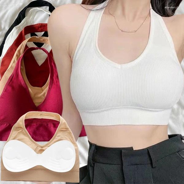 Camisoles Tanks Sexy Halter rückenfreier BH Innenschichtung Leibchen für Mädchen Draht weicher Sport hängender Hals Crop Tops stoßfeste Weste