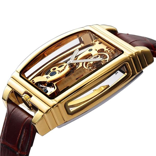 Relógio mecânico automático transparente masculino steampunk esqueleto luxo engrenagem auto enrolamento relógios de couro masculino montre hom209q