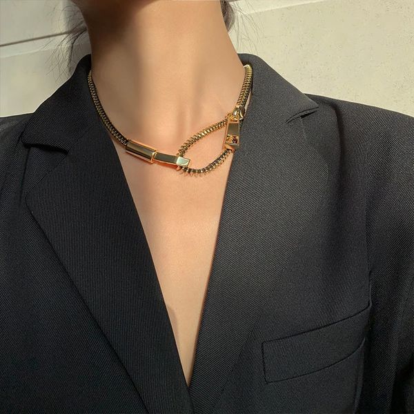 Bronze com 18k ouro zíper lariat gargantilha neckalce japão estilo coreano festa designer t mostrar pista vestido jóias raro ins 240306
