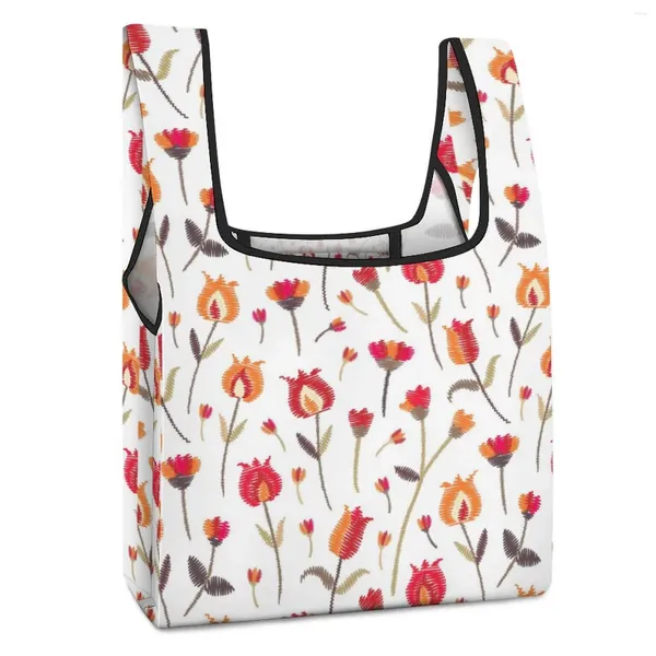 Einkaufstaschen, schlichte Einkaufstasche, wasserdicht, faltbar, rot-orangefarbener Rosendruck, lässige Einkaufstasche für Damen, individuelles Muster
