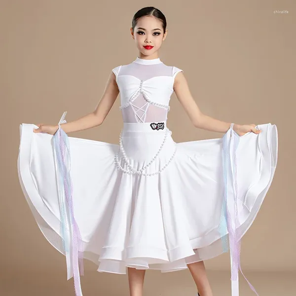 Stage Wear Waltz Ballroom Dance Competition Vestidos Branco Moderno Roupas de Dança Meninas Latina Desempenho Vestido XS7627