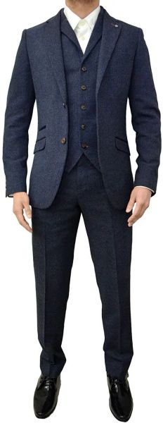 Ternos masculinos de tweed azul marinho, 3 peças (jaqueta + calça + colete) para traje de inverno, elegante, formal, ternos de casamento para homens