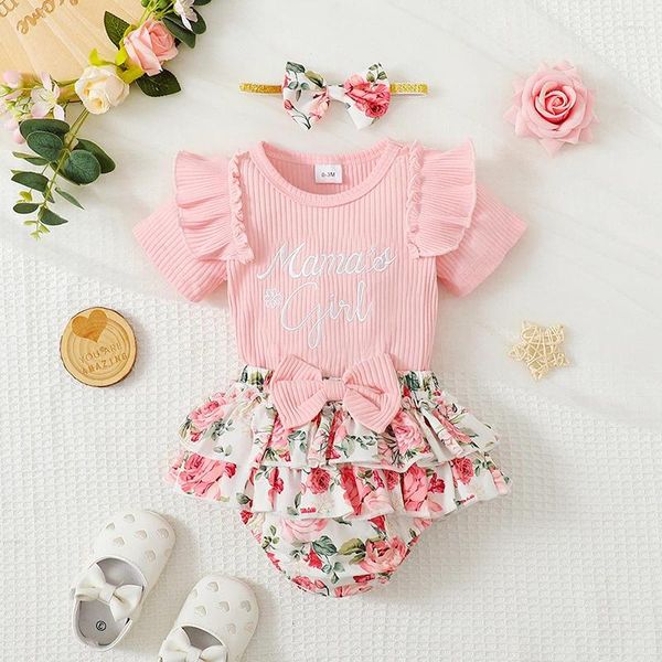 Conjuntos de roupas Mãe S Day Romper Dress Baby Girl Verão 3 Pcs Outfit Manga Curta Bodysuit com Ruffled Floral Shorts e Headband