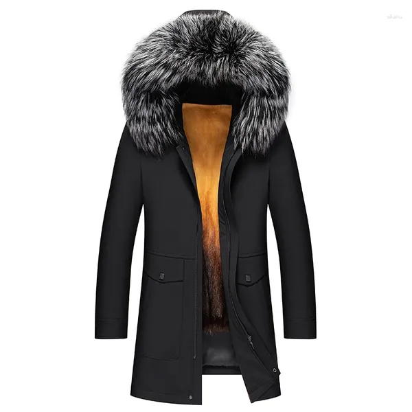 Jaquetas masculinas 2024 inverno quente casaco preto com grande gola de pele forro grosso ao ar livre para homens tamanhos M-4XL