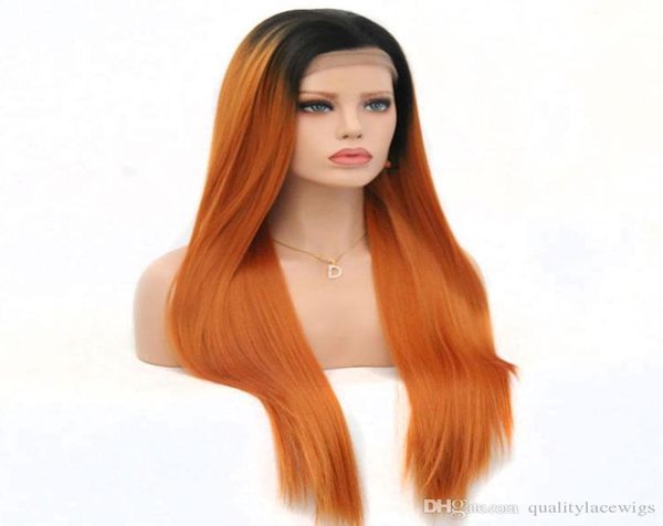 2018 nova sexy longa reta perucas dianteiras do laço sintético raízes escuras ombre laranja cor vermelha resistente ao calor perucas de cabelo de fibra para mulheres5399921