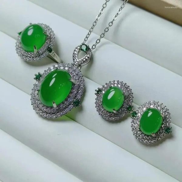 Kolye küpeleri Set Yüksek Sınıf A yeşil yeşim takıları Emerald zirkon lüks jadeite halkaları