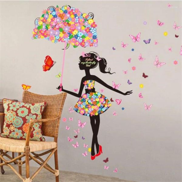Наклейки на стену, 1 шт., большой цветок, зонтик с изображением эльфа, наклейка для девочек, романтическая теплая стеклянная настенная роспись для детской комнаты, живые фрески