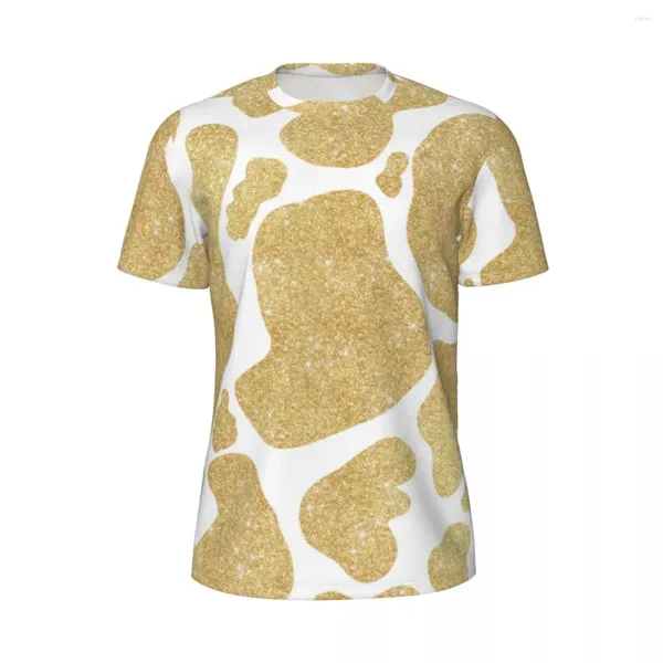 Camiseta masculina com estampa de vaca branca dourada, manchas de glitter, camisetas esportivas de tendência, manga curta, secagem rápida, roupas de verão de grandes dimensões