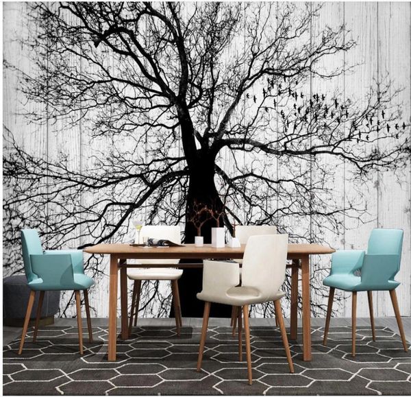 Moderne klassische Tapete für Wände, minimalistische Schwarz-Weiß-Tapete mit großem Baum, Wohnzimmer, TV-Hintergrundwand 7426144