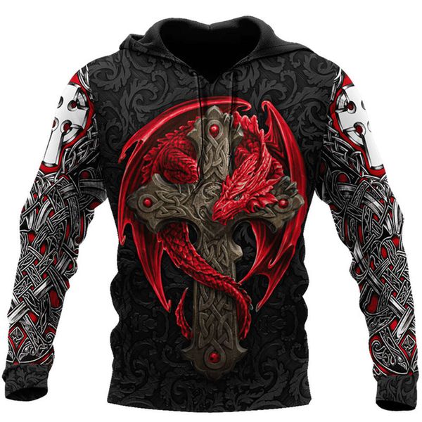 Red Dragon Çapraz Dövme 3D Baskı Moda Erkek ve Süvari Sonbahar Unisex Fermuar Hoodie