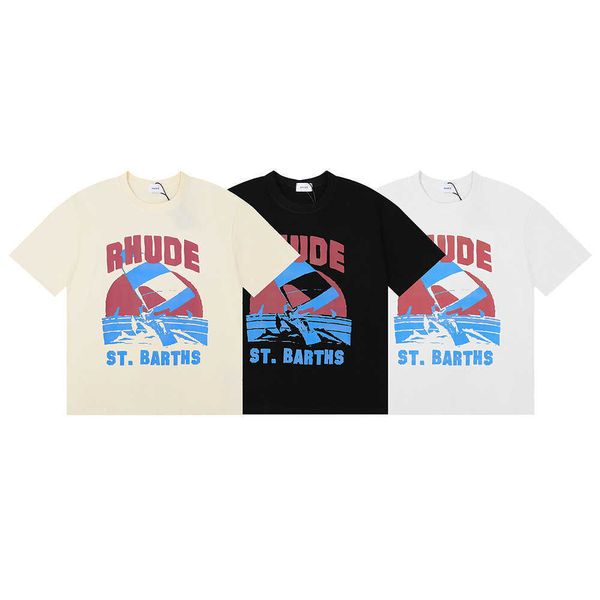 Amerikanische Modemarke Rhude Sail Surfing Print Hip Hop Herren und Damen Lässiges Rundhals-Kurzarm-T-Shirt