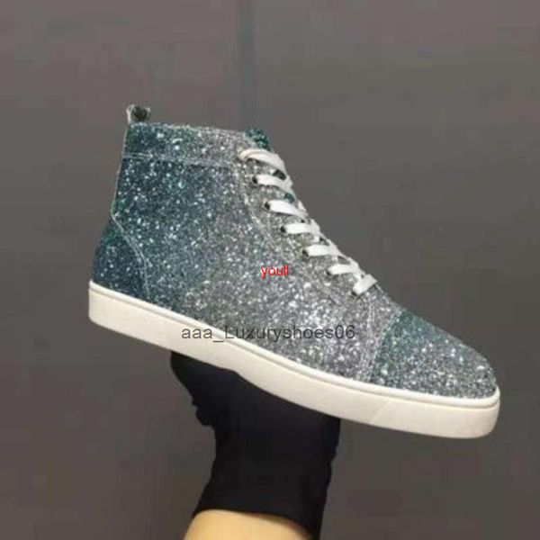 Designer-Plattform-Freizeitschuhe, Luxus-Turnschuhe aus echtem Leder, High-Top-Herren, glitzernde rosa Pailletten, Schnürung, flacher Ed, roter Boden, Loubutin''Christians HKHF