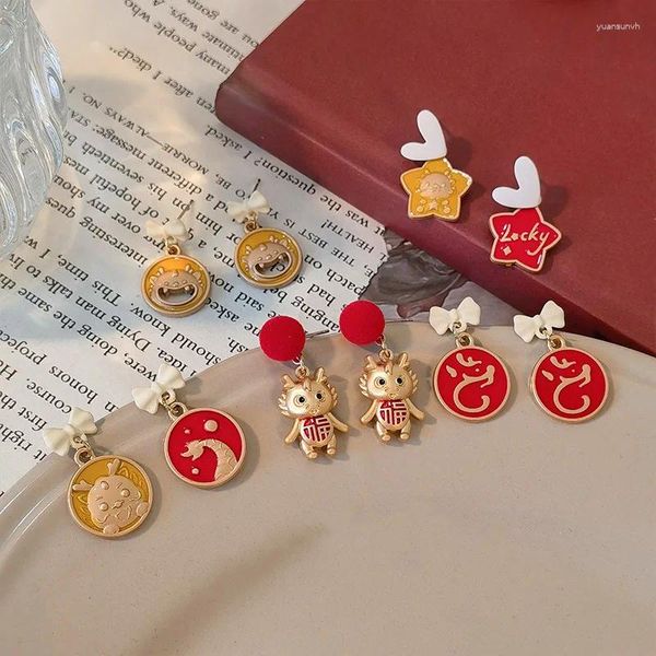 Висячие серьги, оригинальные серьги ручной работы, милый золотой дракон, персонализированные модные праздничные красные годичные серьги с животными