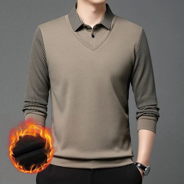 Мужской свитер, пуловер, мужской формальный деловой стиль в полоску с плюшевым теплым вязаным длинным рукавом среднего возраста 240301