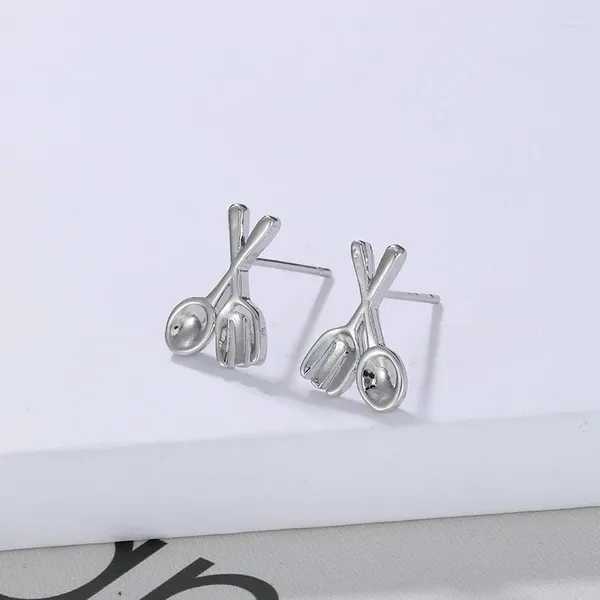 Orecchini a bottone creativi divertenti forchette cucchiai mini piccoli per donna uomo carino colore argento gioielli da tavola W485