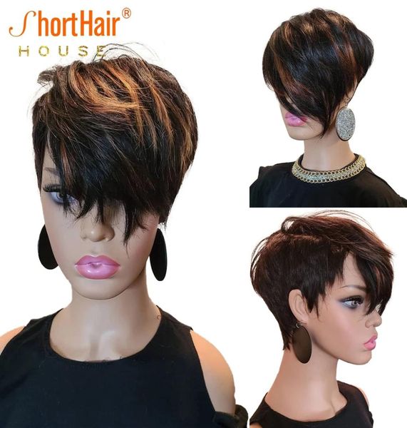 Destaque curto corte bob perucas de cabelo humano com longa franja natural para preto feminino completo máquina feita pixie corte wig1326026