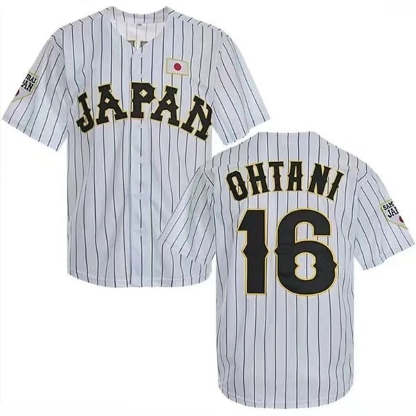 Maglia da baseball Giappone 16 OHTANI Oversize Abbigliamento sportivo da esterno Ricamo Cucito Strisce bianche T-shirt nere Hip Hop High Street 240305