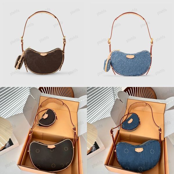 2024 designer bolsa de ombro feminina azul denim bolsa croissant mm 2pc crossbody com mini bolsa com zíper saco moeda m46856 m46828