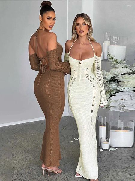 Casual Kleider Sexy Backless Verband Frauen Stricken Halter Maxi Kleid Solide Langarm Aushöhlen Bodycon Sommer Dame High Street Robe