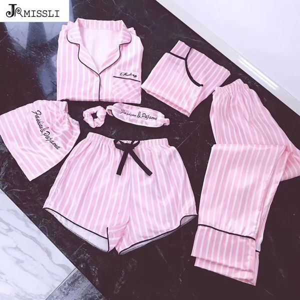 Jrmissli pijamas femininos 7 peças rosa pijamas conjuntos de cetim seda sexy lingerie casa wear sleepwear conjunto pijama mulher 240226