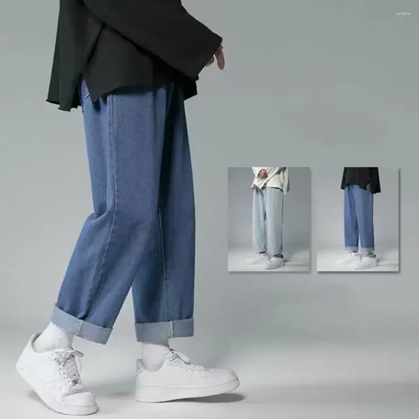 Jeans da uomo Traspiranti da uomo Gamba larga Ricamo a stella Pantaloni morbidi Cerniera dritta Chiusura con bottoni Hip Hop Streetwear lungo