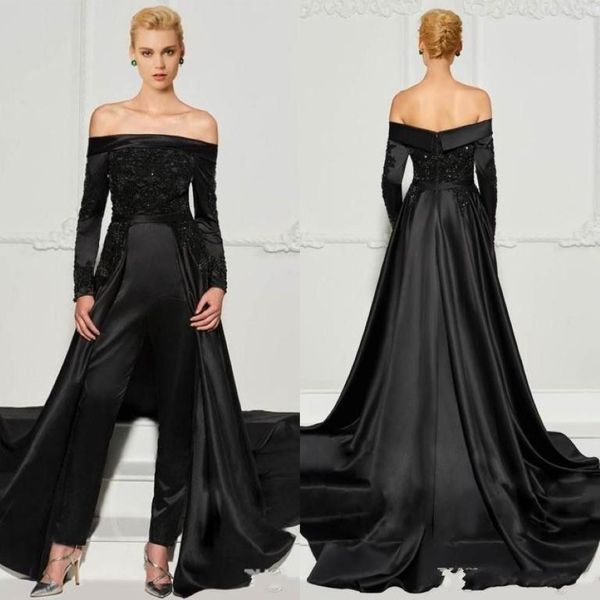 2022 Черные кружевные комбинезоны Вечерние платья со съемным шлейфом с плеча Вечерние платья из бисера с длинными рукавами и блестками Dr233p