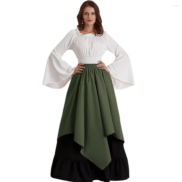 Vestidos de trabalho europeu americano elegante medieval feminino halloween cosplay conjunto de duas peças renascentista manga longa tops saias