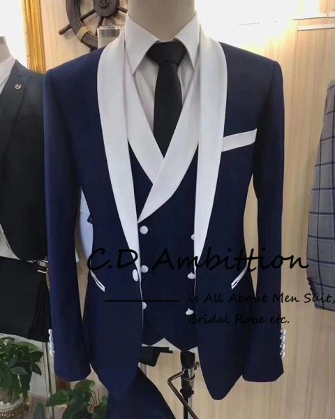 Abiti Cappotto Mutanda Design Ultimi abiti da uomo Set Matrimonio di lusso 2023 Blu navy Slim Fit 3 Pec Costume Homme Tuxedo Blazer Set Scialle Risvolto