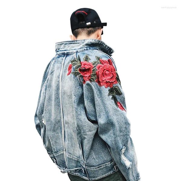 Giacche da uomo Abbigliamento primaverile Giacca di jeans Ricamo di fiori di rosa 3D Cappotti vintage con buco sfilacciato Capispalla Hip Hop High Street