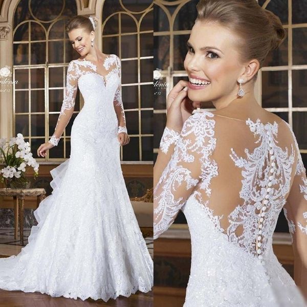 2018 Vintage romantico maniche lunghe sirena abiti da sposa applique pizzo sheer collo abito da sposa abiti da sposa robe de mariage275p