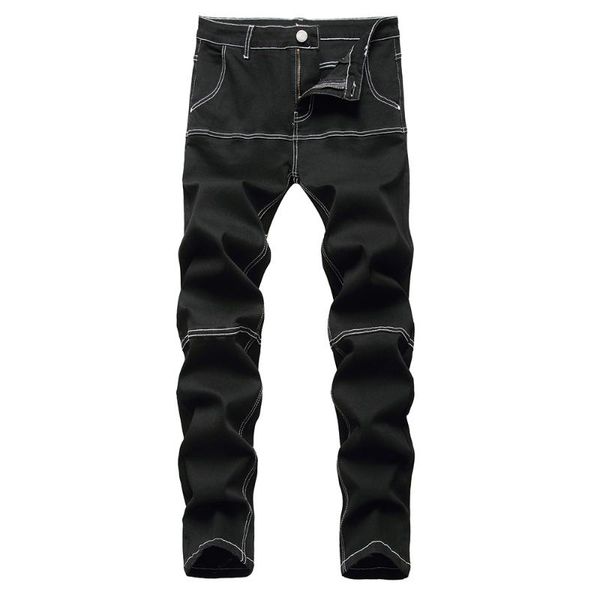 Jeans masculinos calças compridas homens linha grossa jeans homem preto fino estiramento denim emendado retalhos contraste cor calças streetwear roupas calças com zíper