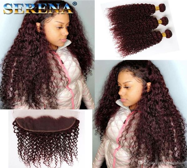 Vinho Tinto 99J Kinky Curly Hair Bundles Com Frontal Boa Qualidade Borgonha 99J Extensão de Cabelo Virgem Brasileiro Afro Kinky Curly Hai5398846