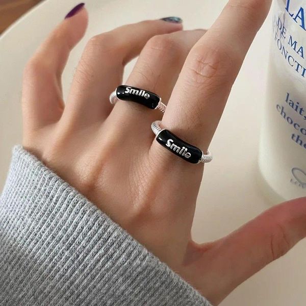 Cluster Ringe 925 Sterling Silber Offener Fingerring Punk Wort Lächeln Schwarz Geometrisch Stapelbar Für Frauen Mädchen Schmuck Geschenk Dropship Großhandel