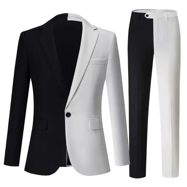 Tute M5XL Abito da uomo slim fit moda Colore bianco e nero abbinato Abiti maschili Set da 2 pezzi Abito da festa Tuxedo Show Pantaloni blazer