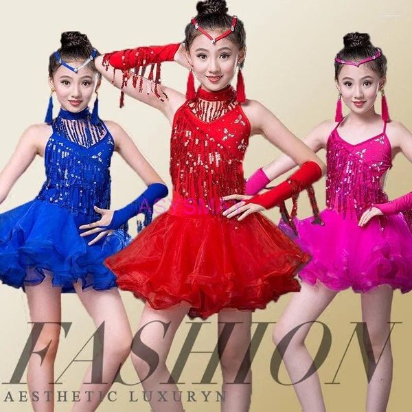 Abbigliamento da palcoscenico Bambino Bambini Ragazze Ruffle Sala da ballo Costumi di danza latina Linea da competizione Abito con frange con paillettes Abiti con salsa Bachata