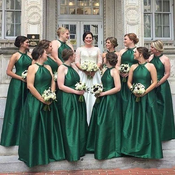 2021 verde esmeralda vestido de dama de honra longo tafetá vestidos de festa de casamento feminino halter pescoço simples elegante senhora convidado Gowns2840