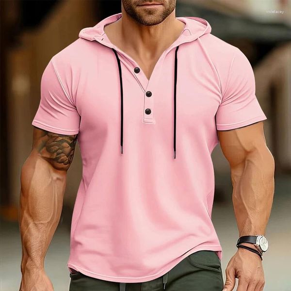 Camisetas masculinas lazer cor sólida manga curta camisa masculina com capuz casual solto respirável abotoado com capuz tops roupas masculinas moda camisetas