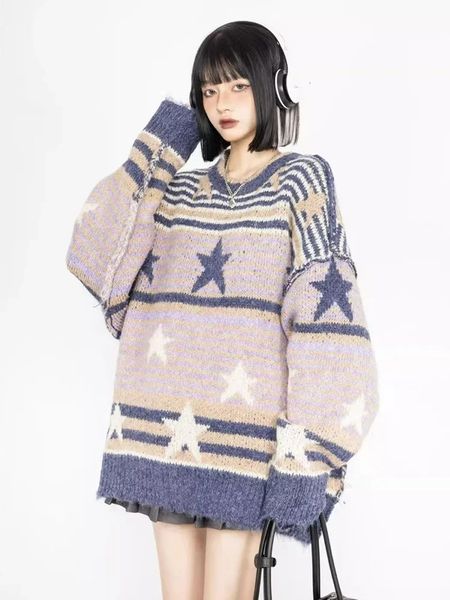HOUZHOU Y2K Star Sweater Women Harajuku Полосатые вязаные пуловеры Джемперы Женские топы Oversize Фиолетовый Зеленый Уличная одежда Хип-хоп 240301