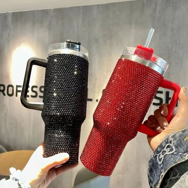 40oz bling strass diamante tumbler glitter garrafa de água com tampa de aço inoxidável vácuo palha térmica fantasia vácuo beber cup257u