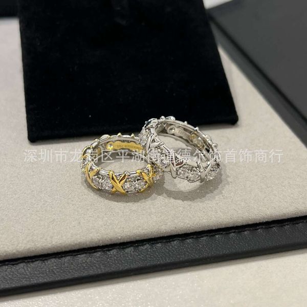 Desginer Tiffanybracelet Tiffanie gegen Gold plattiert Mijin T Familie 16 Steinkreuzring mit handgeführtem Fashion Ring mit hoher Kohlendiamant -Farbtrennung