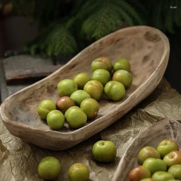 Pratos de madeira em forma de barco, prato de frutas retrô, sensação antiga para sala de estar, decoração, lanche, bandeja de armazenamento de doces