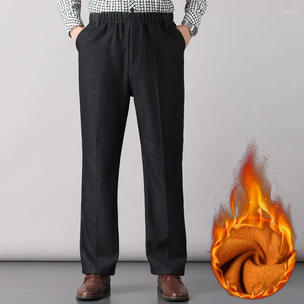 Erkekler Kot Mens Sonbahar Kış Kış Kadife Kalın Sıcak Gevşek Pantolon Yaz İnce Düz Denim Pantolon Orta Yaşlı Tulum