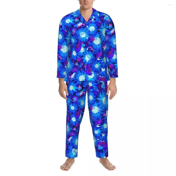 Indumenti da notte da uomo Pigiama girasole blu e viola da uomo Stampa floreale Trendy Home Autunno 2 pezzi Set pigiama modello casual oversize