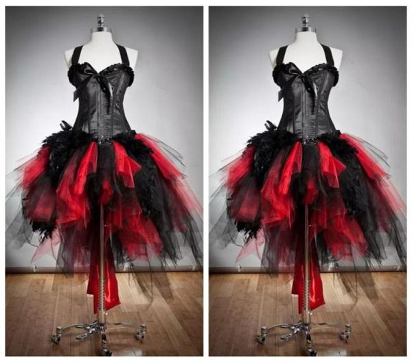 2022 halter vestido de baile fino tule gótico vermelho e preto espartilho vestidos de baile tamanho personalizado pele e tule burlesque hi lo festa especial 6023525