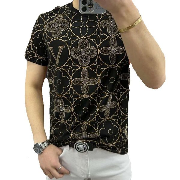 Sommer neue modische Herren Kurzarm unten Top Boutique Tencel Baumwolle vielseitig Rundhalsausschnitt bequem bedruckt heiß gebohrt Halbarm