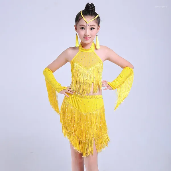 Bühnenkleidung Mädchen Mode Kostüm Dancewear Mädchen Cha Salsa Tango Tanz Outfit Kinder Pailletten Latin Quaste Kleid