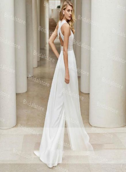Chic Boho tuta abiti da sposa 2021 sexy backless bianco pantalone in chiffon abito da sposa bohémien elegante o collo senza maniche country 1753727