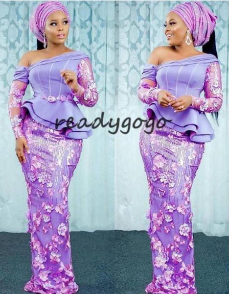 Aso Ebi Estilo Lavanda Evening Pageant Vestidos com Manga Longa 2020 Lace 3D Floral Africano Nigeriano Prom Party Dress4371507