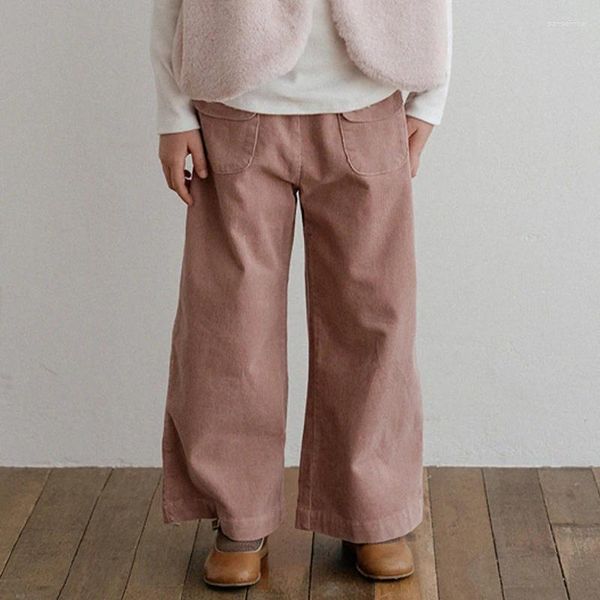 Pantaloni da ragazza in velluto a coste dritto primavera bambina tasche larghe pantaloni rosa a gamba larga pantaloni casual micro svasati in vita elastica