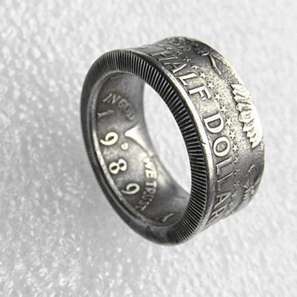 Anel de moeda artesanal anéis vintage feito à mão de Kennedy meio dólar banhado a prata tamanho americano 8-16 #234S